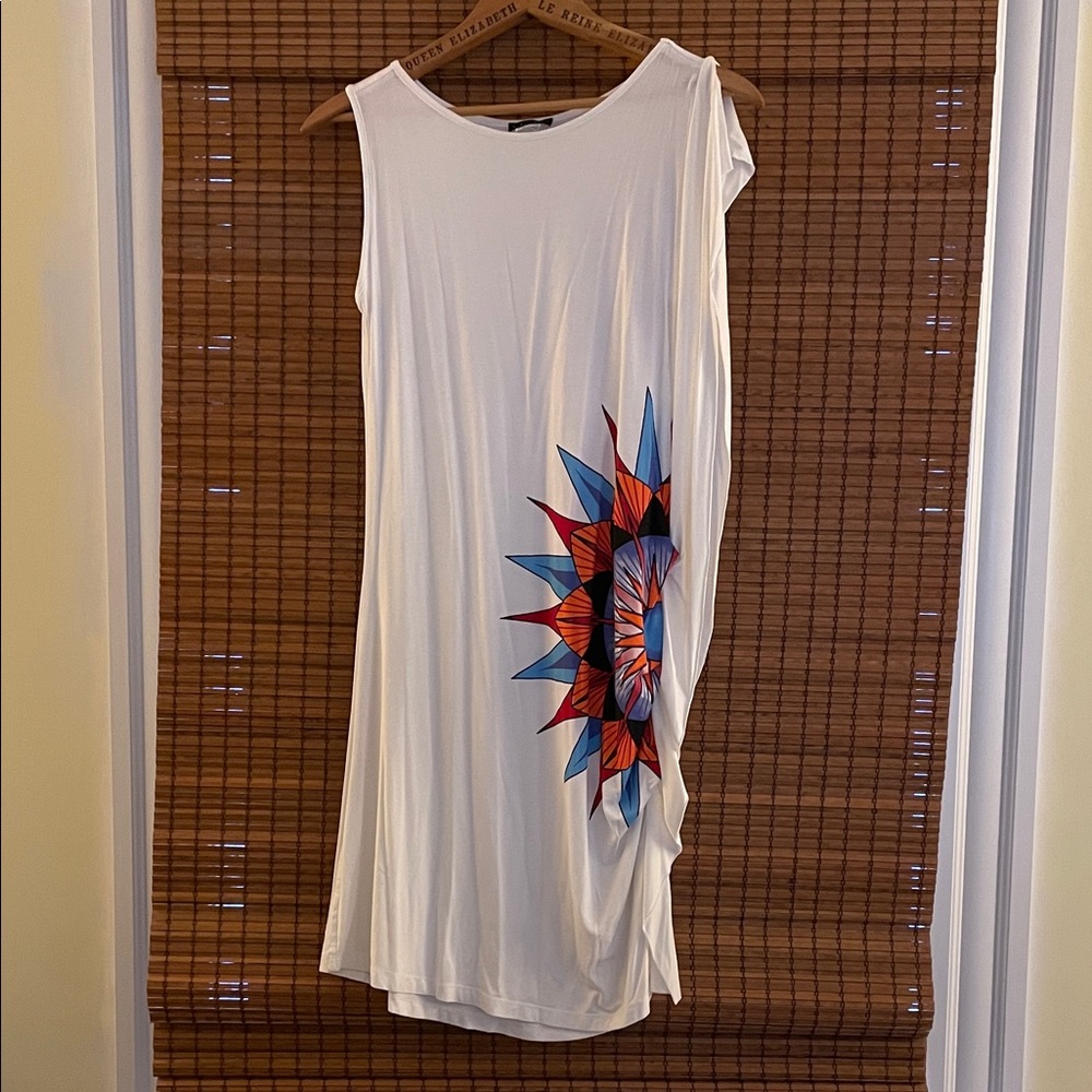 White Flutter Sleeve Dress with Colorful Sunburst Design